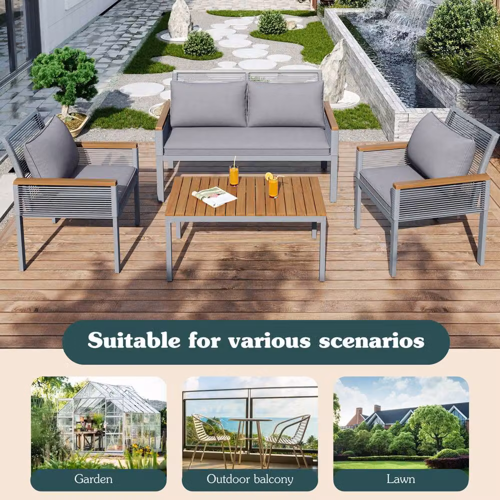 Matteo Garden Lounge Set in Grey Rattan with Acacia Wood and Metal Details – 3