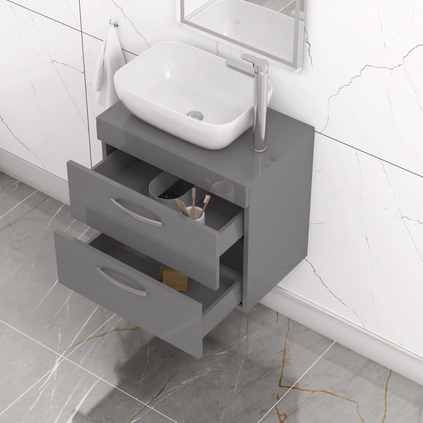 Royal Bathrooms 600mm Wall Hung 2 Drawer Vanity Unit in Indigo Grey Gloss with Elva Countertop Basin
