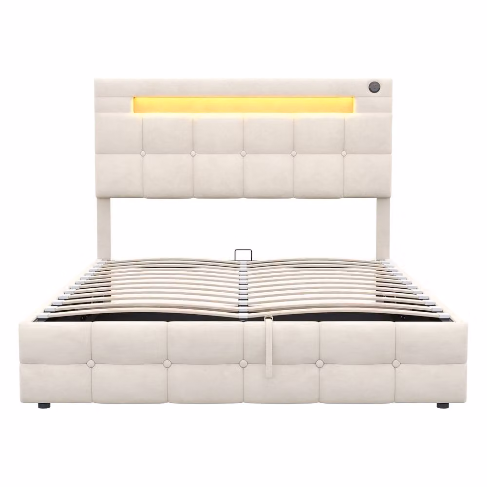 BTM Modern Velvet Double Bed in Beige with Hydraulic Storage, LED Lighting, USB Charging Ports and Bedside Shelf, W/D/H: 140 x 190 x 108 cm – 6