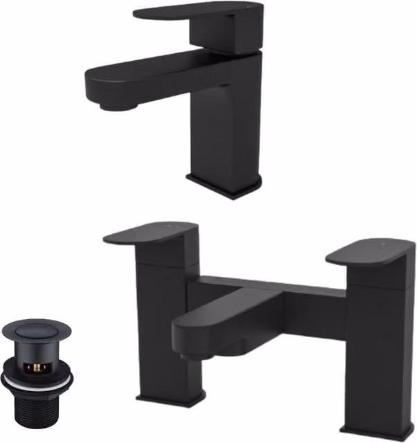 Nes Home Kevon Matte Black Single Lever Mono Basin Mixer, Bath Filler and Pop Up Waste Set – 1