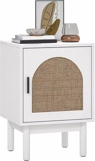 PAWNORA Boho Bedside Table with Rattan Door and Adjustable Shelf, White – 1