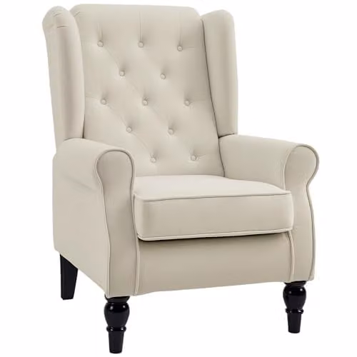 HOMCOM Retro Wingback Accent Armchair in Beige Fabric with Solid Wood Frame, W/D/H: 74 x 102 x 86 cm