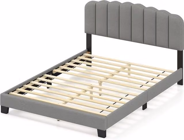 Costway Double Size Linen Upholstered Platform Bed Frame in Grey, W/D/H: 140 x 200 cm – 1