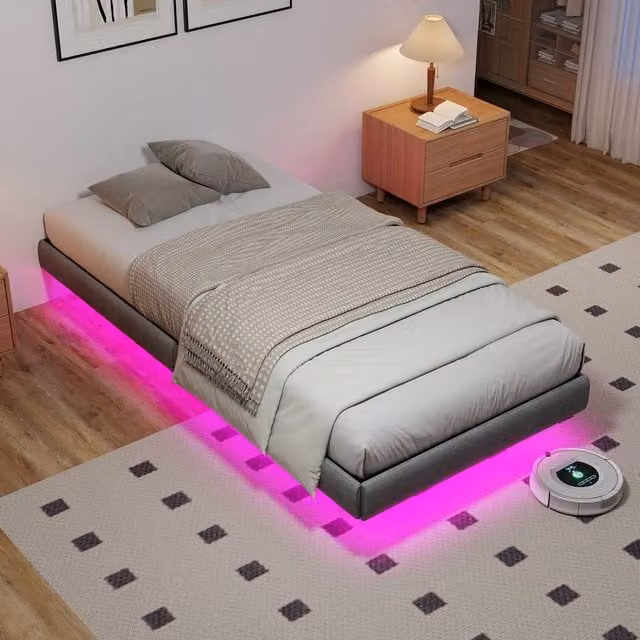Matteo Grey Upholstered Single Bed Frame with Under-Bed LED Lighting