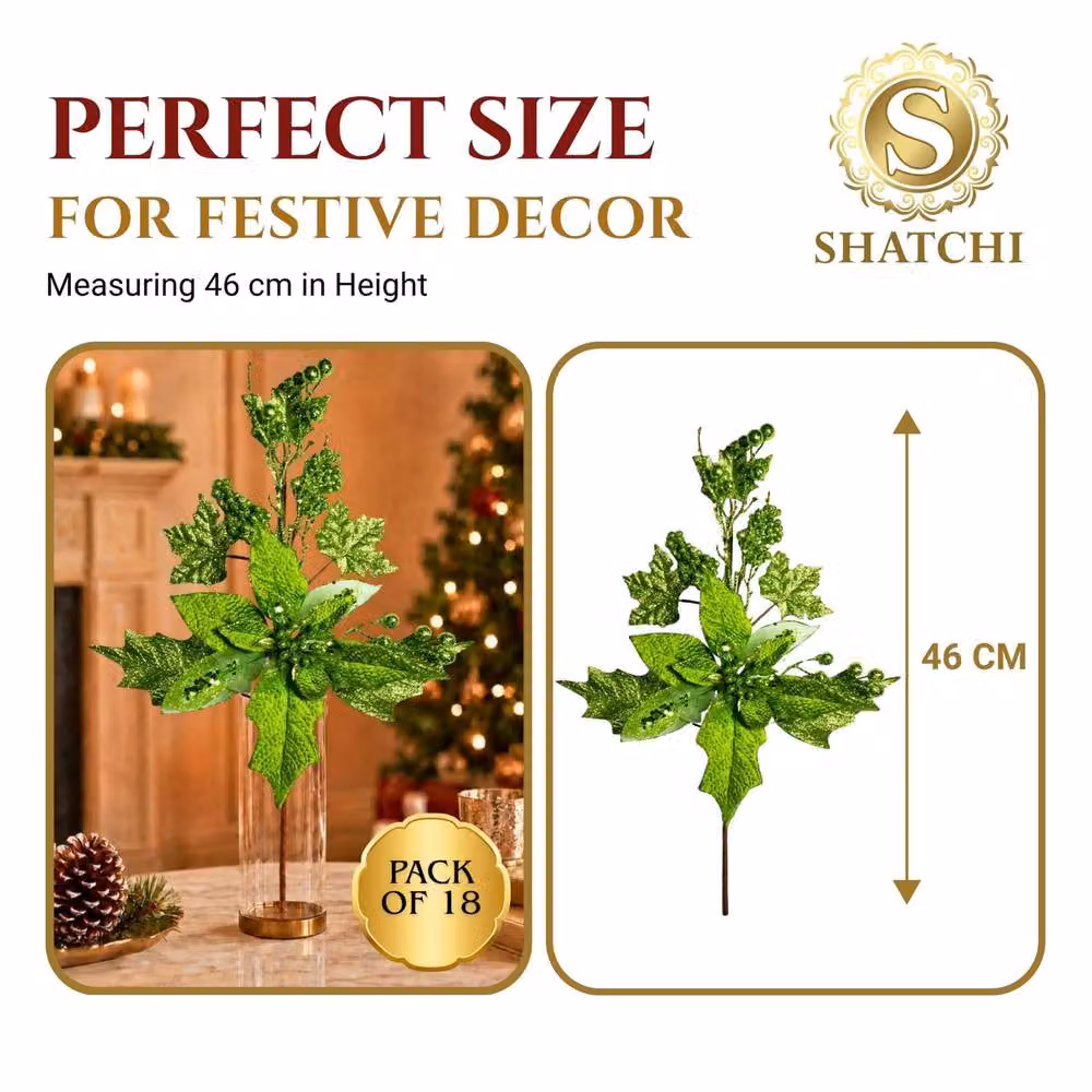 Shatchi Green Glitter Poinsettia and Berry Christmas Picks, 6 Pack, Height: 46 cm – 3