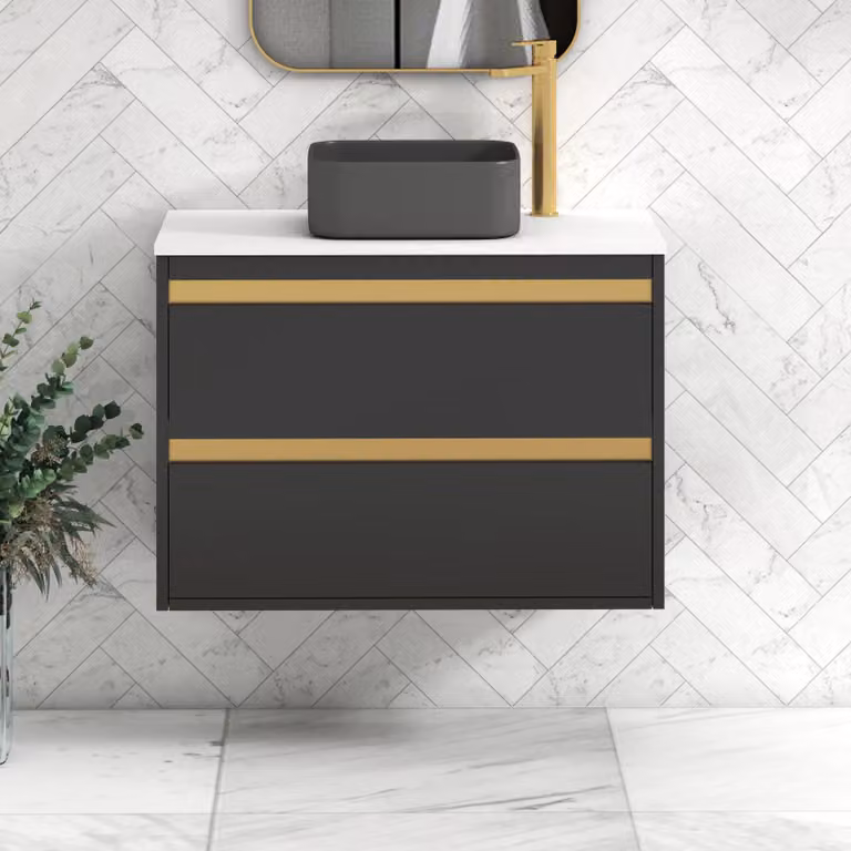 Royal Bathrooms Orion 800mm Matt Obsidian Black Wall Hung Vanity Unit with 2 Drawers, Plain White Countertop and Art Square Basin with Brushed Brass Accent Trim
