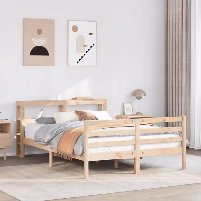 Berkfield Home Rustic Solid Pine Bed Frame with Headboard and Side Compartments in Natural Brown, W/D/H: 140 x 200 cm