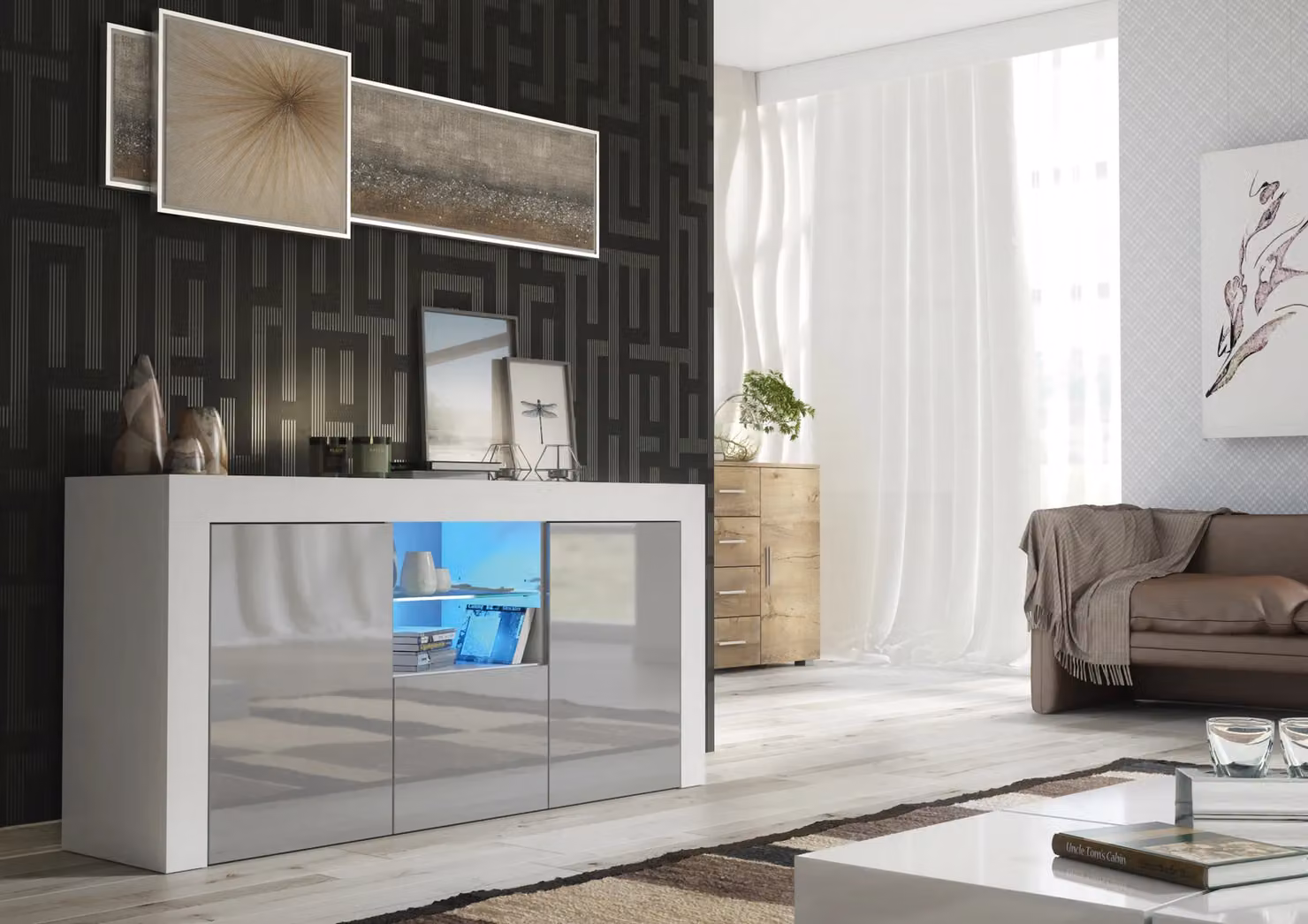 Creative Furniture Aurora Sideboard in Grey and White with Glossy Doors and Integrated LED Lighting, W: 145 cm, D: 35 cm, H: 70 cm – 2