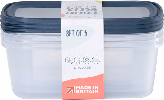 Wham Everyday Reusable Plastic Food Boxes with Snap Lids, Blue, Set of 3