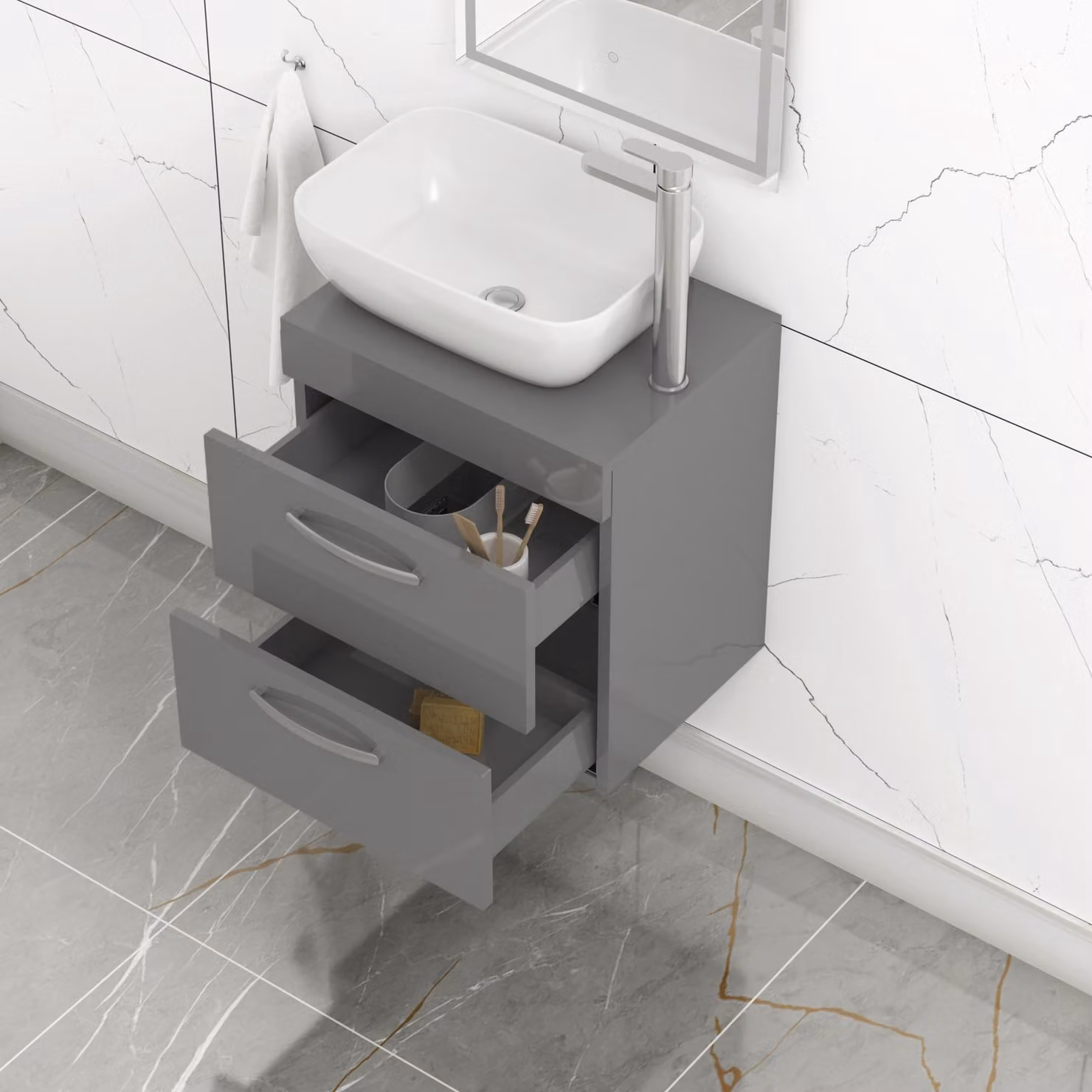 Royal Bathrooms 500mm Wall Hung 2 Drawer Vanity Unit in Indigo Grey Gloss with Elva Countertop Basin