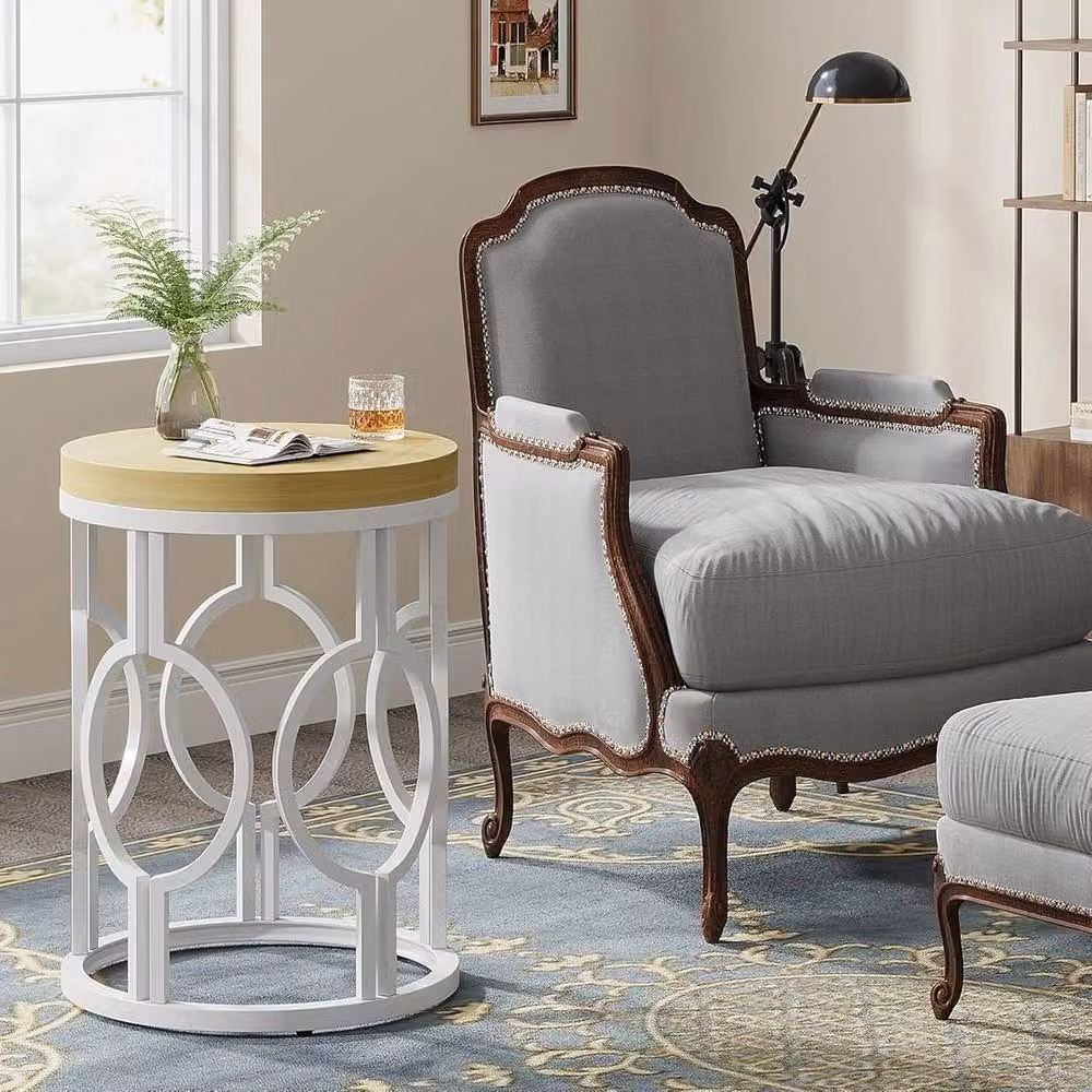 VOGREX Round Farmhouse End Table with Metal Hollow Frame in Beige – 2