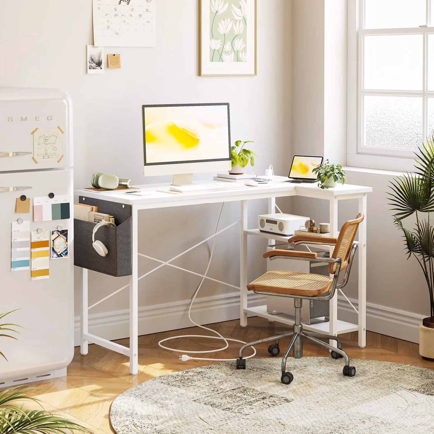 BEXEVUE L-Shaped Corner Computer Gaming Desk with Power Outlets, White, W: 120 cm, D: 70 cm – 2