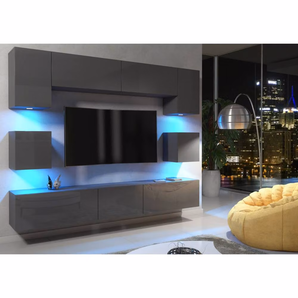 Mex Furniture LTD Panorama Wall Mounted TV Unit in Grey with Glossy Hinged Doors and Integrated Lighting (W/D/H: 242 x 35 x 45 cm) – 2