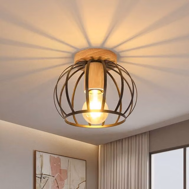 Pheashine Industrial Vintage Cage Ceiling Light in Black and Wood, E27, Bulb Included, W/D/H: 19 x 16 x 16 cm