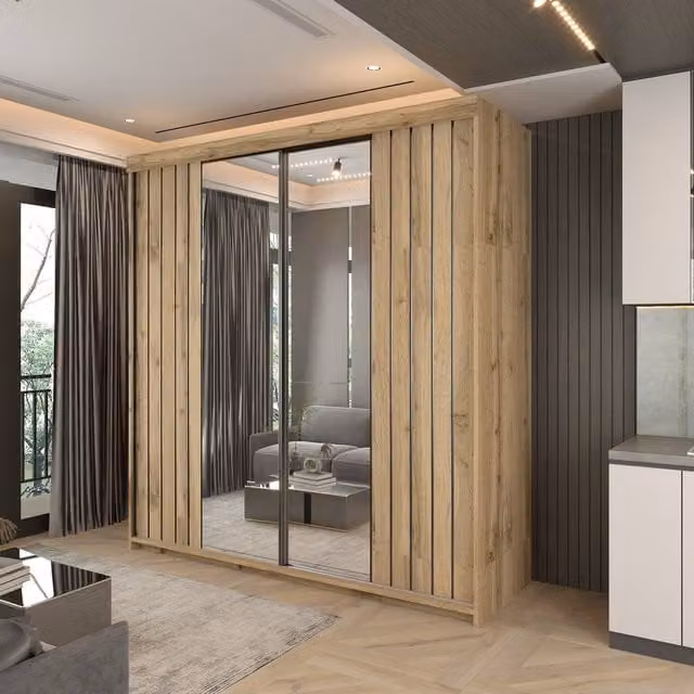 Sliding Wardrobes 4U Monali Mirror Sliding Wardrobe with Internal Drawers and Shelves, Light Brown, W: 150 cm, H: 217 cm, D: 62 cm – 1
