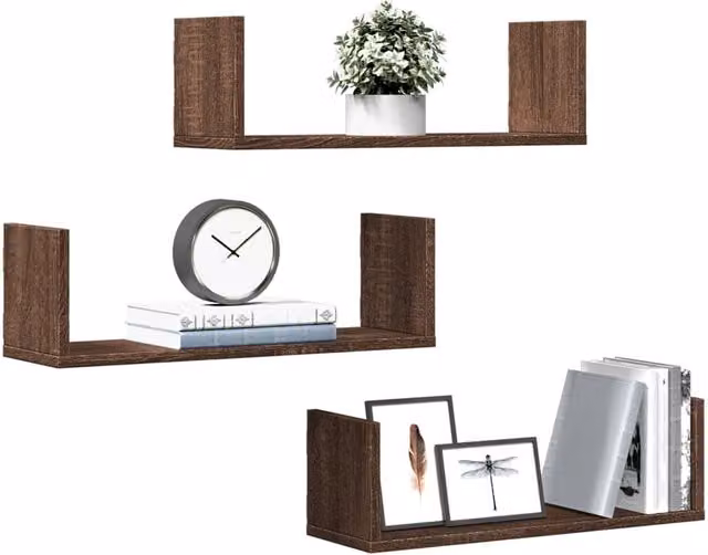 Berkfield Home Set of 3 Wall Mounted Shelves in Brown Oak, W: 58 cm, D: 18 cm, H: 18 cm – 1