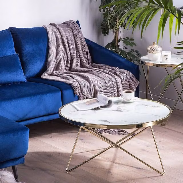 Wyld and Coco Round Marble-Effect Glass Coffee Table with Gold Hairpin Legs, White, Diameter: 80 cm, Height: 40 cm