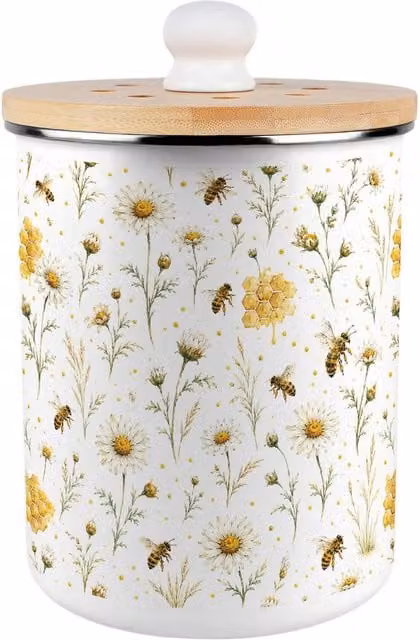 Purely Home Bee Meadow Metal Food Waste Caddy with Flip Lid, 2L, Yellow and White