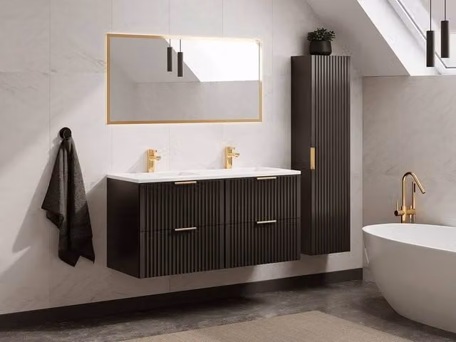Vente-unique Modern Ribbed Wall-Mounted Bathroom Vanity Unit with Inset Ceramic Basin and Column in Matt Black, W/D/H: 60 x 46 x 57 cm – 1
