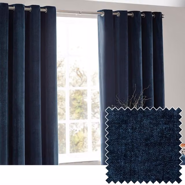 Make It A Home Navy Blue Heavy Chenille Velvet Room Darkening Eyelet Curtains, Width: 137 cm, Height: 117 cm