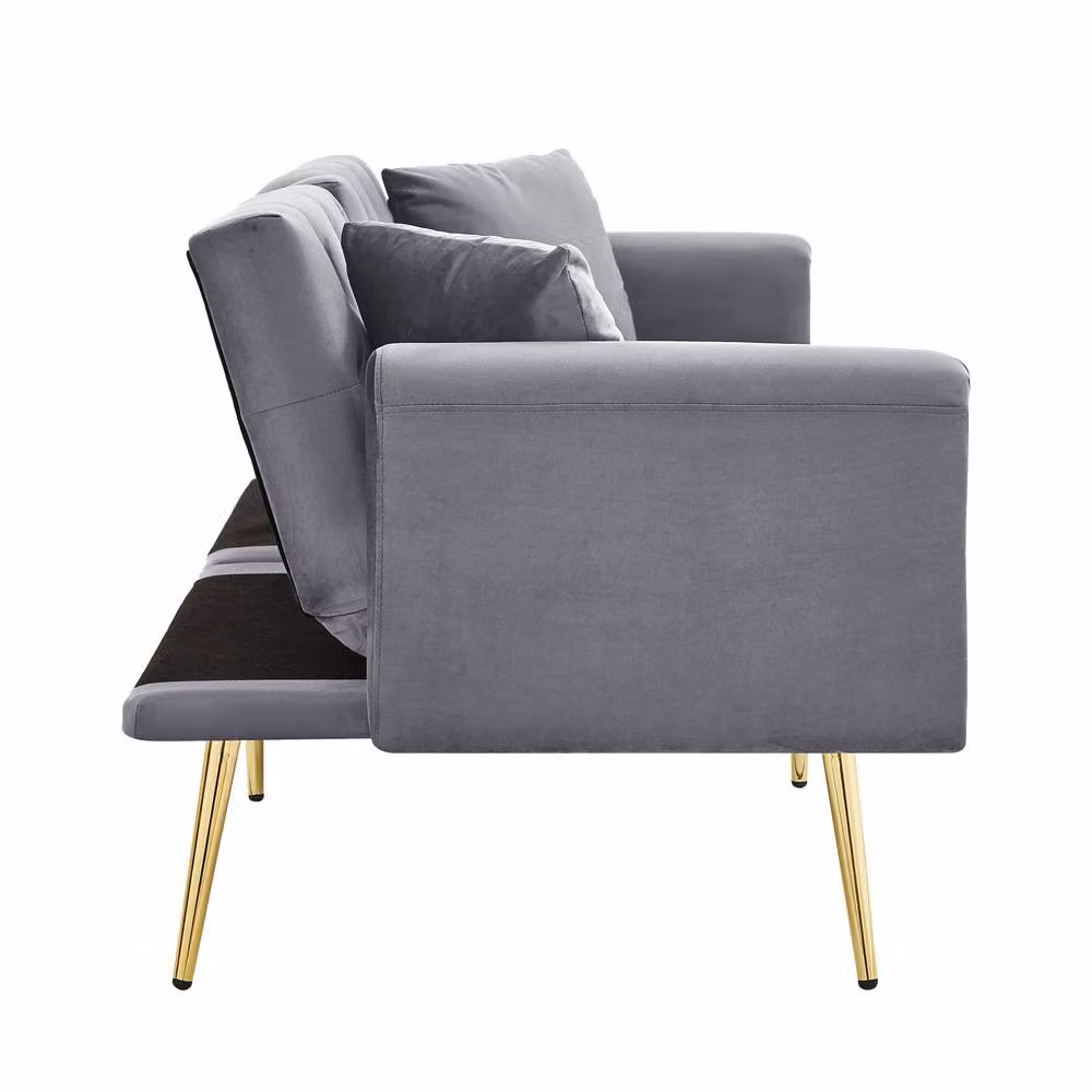 Merax Grey Velvet Sofa Bed with Gold Trim and Fold-Down Cup Holders, W: 174 cm, H: 76 cm, D: 71.5 cm – 7