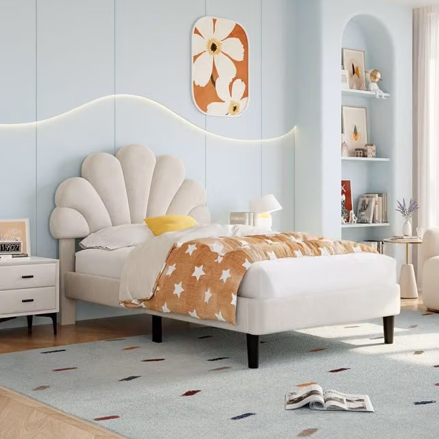 BTM Upholstered Velvet Bed Frame with Adjustable Chic Petal Headboard in Beige, Size: Double (W/D/H: 140 x 200 cm) – 1