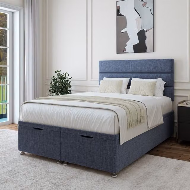 Bedmaster Single Linen Ottoman Divan Base and Lined Headboard in Midnight Blue