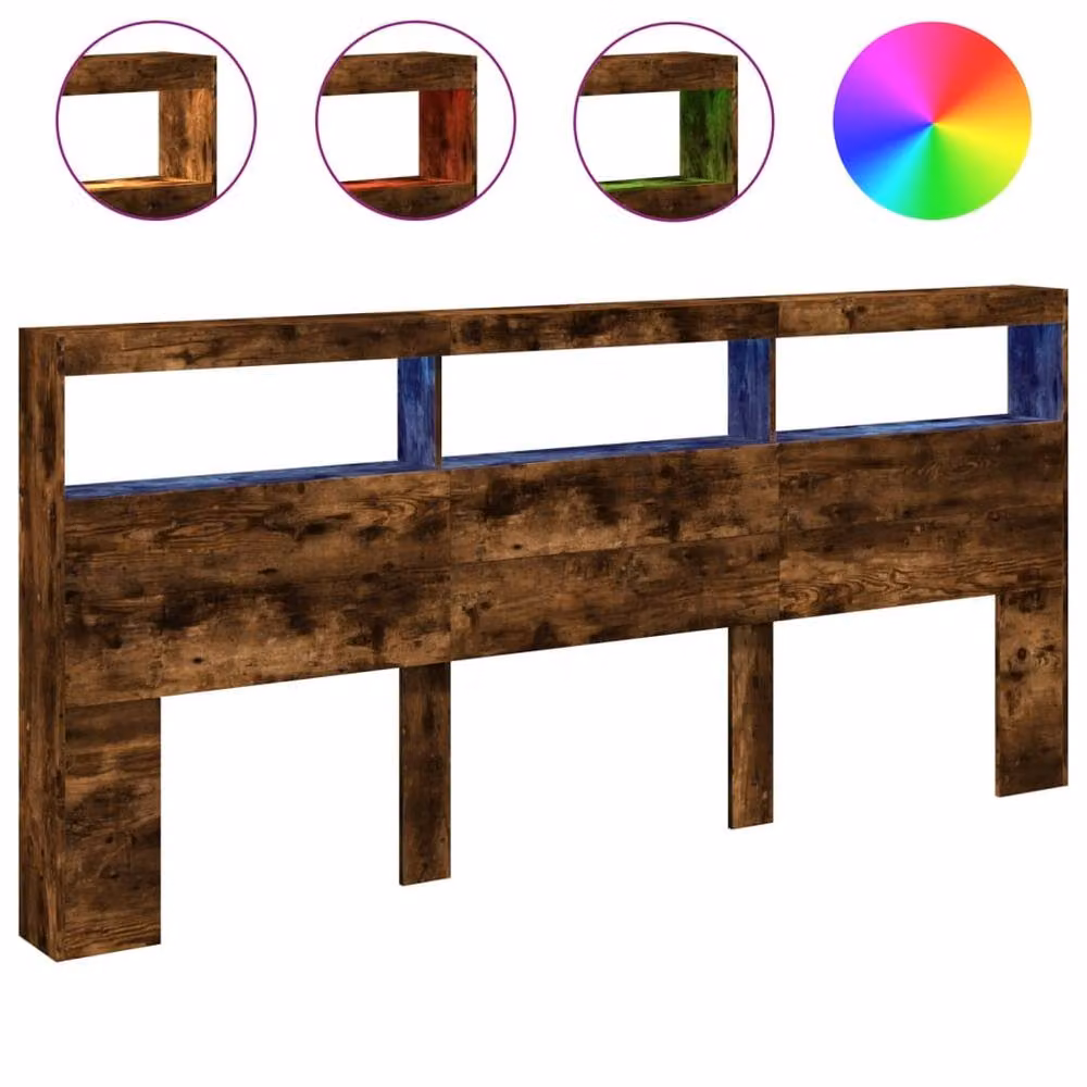 Berkfield Home Headboard Cabinet with LED in Smoked Oak Brown, W/D/H: 220 x 17 x 102 cm – 3
