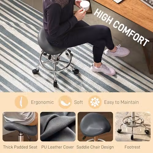 HOMCOM Grey PU Leather Adjustable Rolling Saddle Stool for Spa and Salon – 5