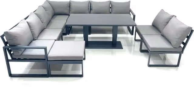 Fimous 10 Seater Outdoor Garden Furniture Set with Corner Sofa, Big Footstool and Height Adjustable Dining Table in Dark Grey