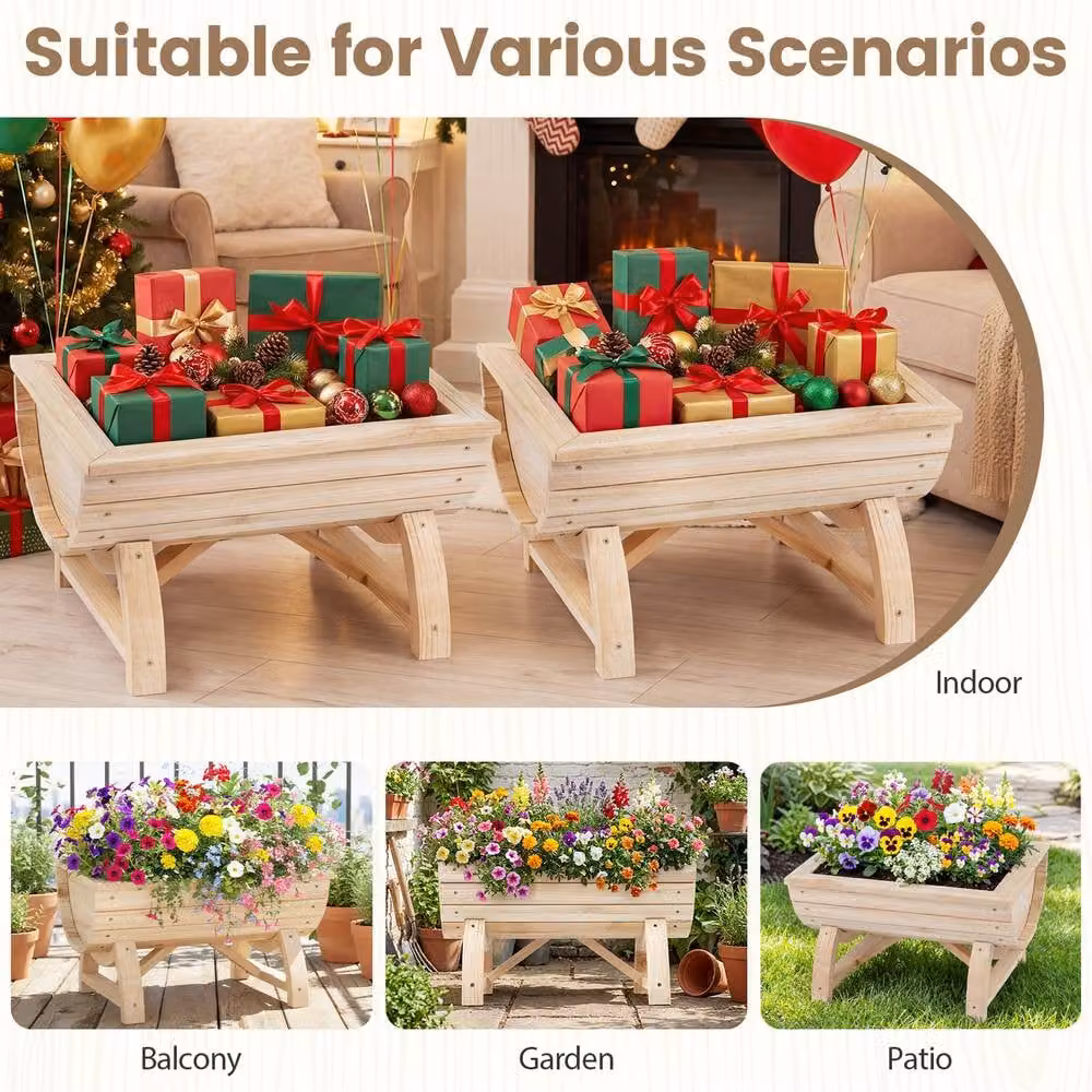 Costway Set of 2 Raised Wood Garden Beds, Elevated Half-Barrel Planter Boxes in Brown and Sand – 6