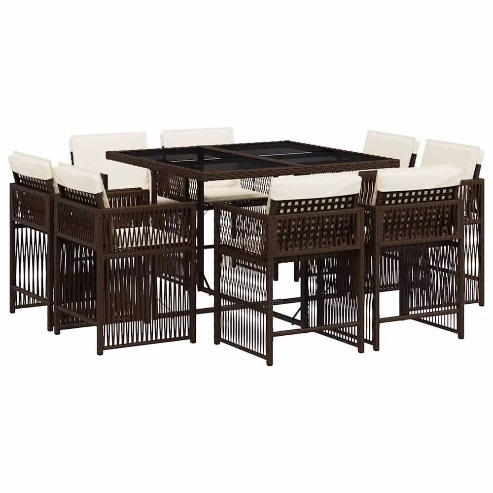 Berkfield Home 9 Piece Brown Poly Rattan Garden Dining Set with Cushions and Glass Tabletop – 2