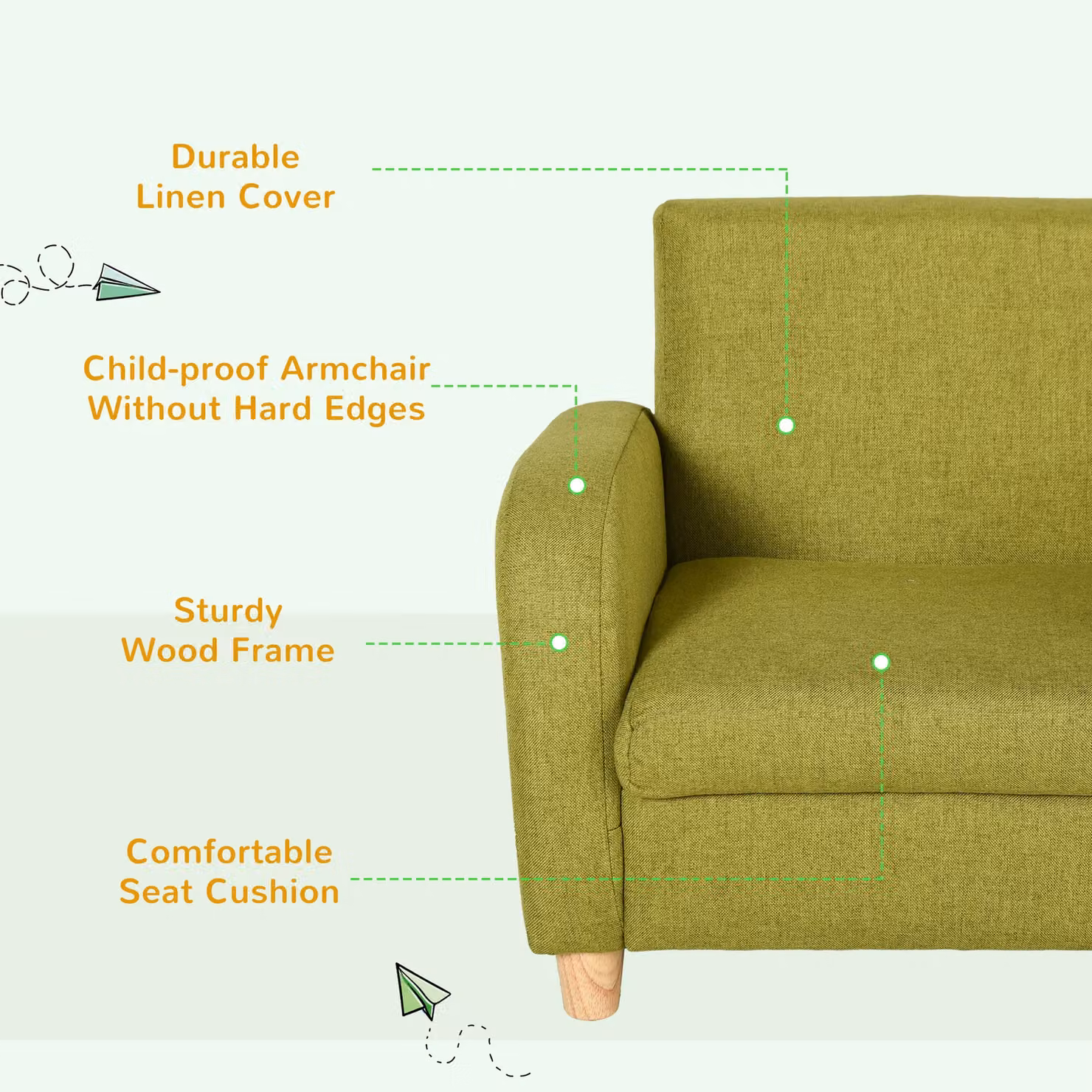 HOMCOM Kids Armchair with Solid Wood Frame and Fabric Upholstery in Green – 3