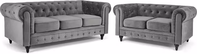 Bravich Grey Velvet Chesterfield 2 and 3 Seater Sofa Suite with Solid Wood Frame and Foam Cushions