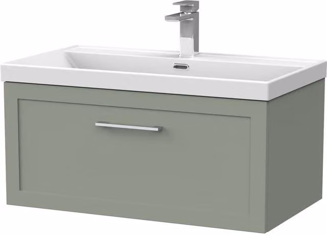 Balterley Stonnall 1 Drawer Wall Mounted Vanity and Thin Edge Basin in Reed Green, Width: 80 cm