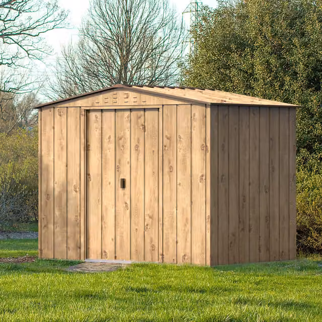 BillyOh Top Woodgrain Apex Metal Shed in Brown with Sliding Doors and Gable Roof