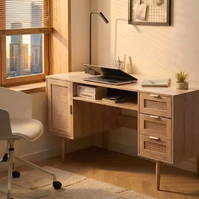 Wyld and Coco Everwood Home Office Writing Desk in Brown with Rattan Details