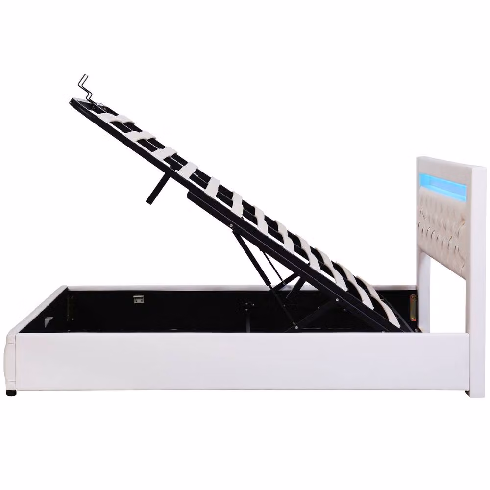 BTM White PU Upholstered Bed with LED Lighting and Lift-Up Storage, W/D/H: 150 x 200 x 207 cm – 8