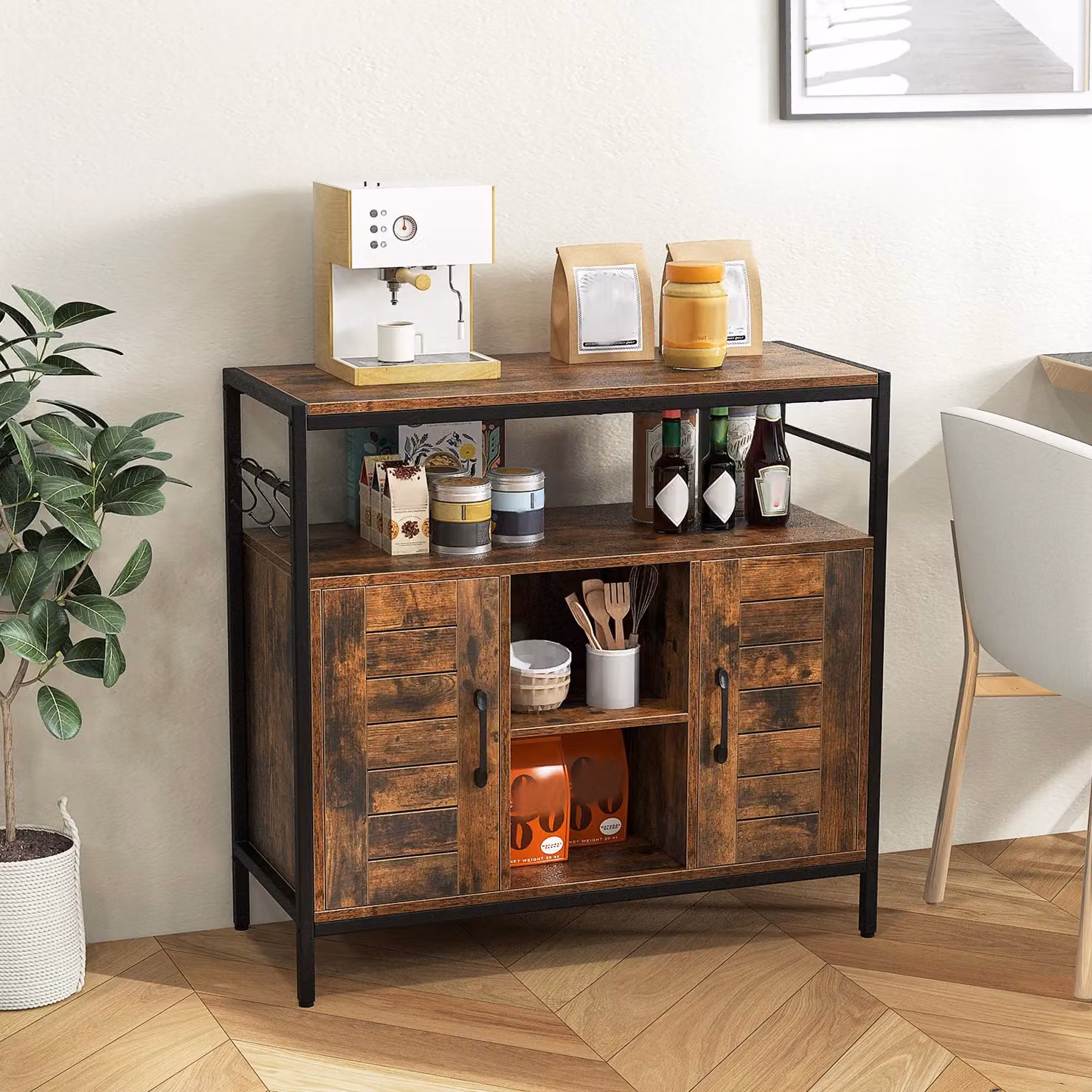 Costway Industrial Buffet Cabinet and Coffee Bar in Brown with 2 Doors and Adjustable Shelves – 7