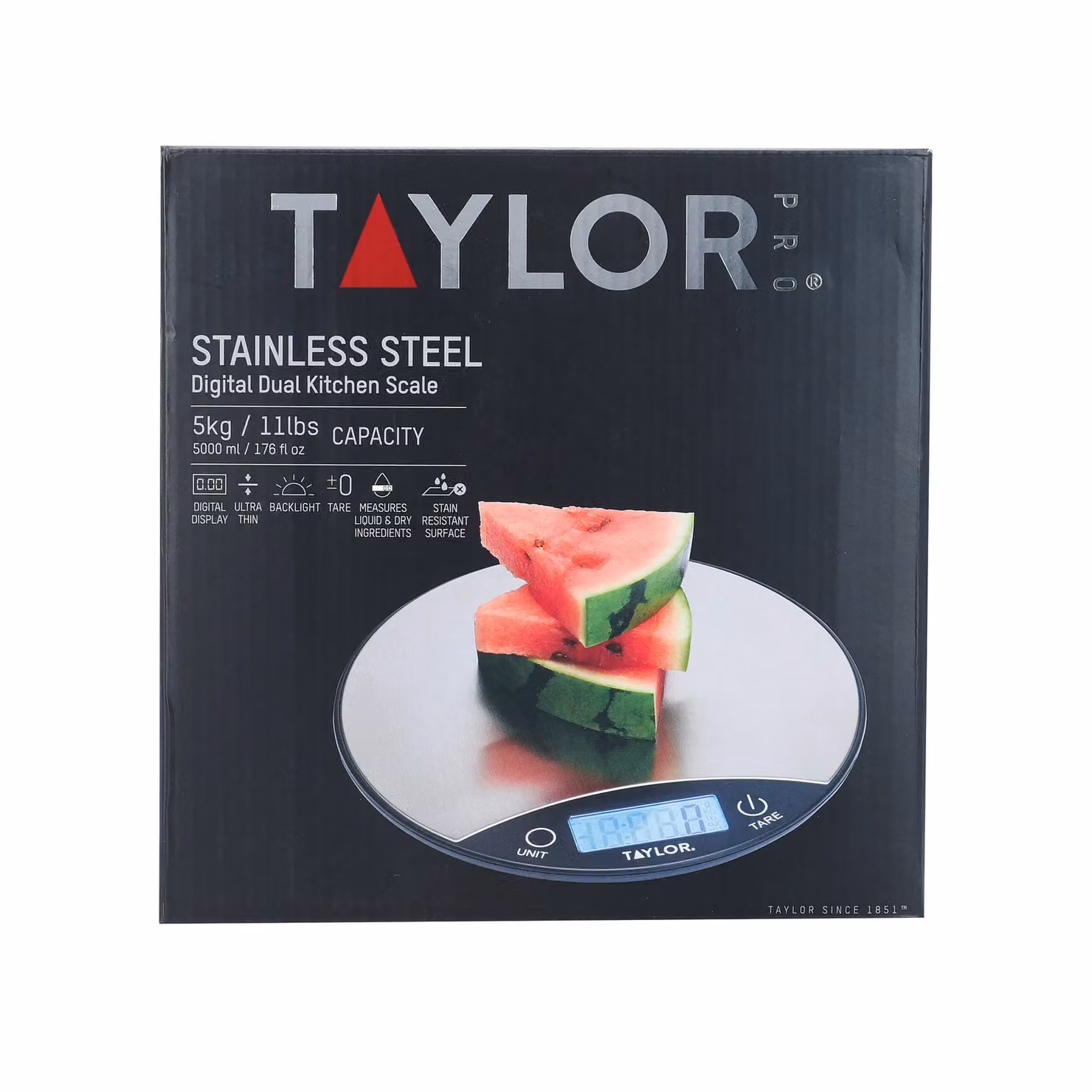 Taylor Pro Digital Kitchen Food Scales in Black and Silver Stainless Steel with 5 kg Capacity and Tare Function – 5