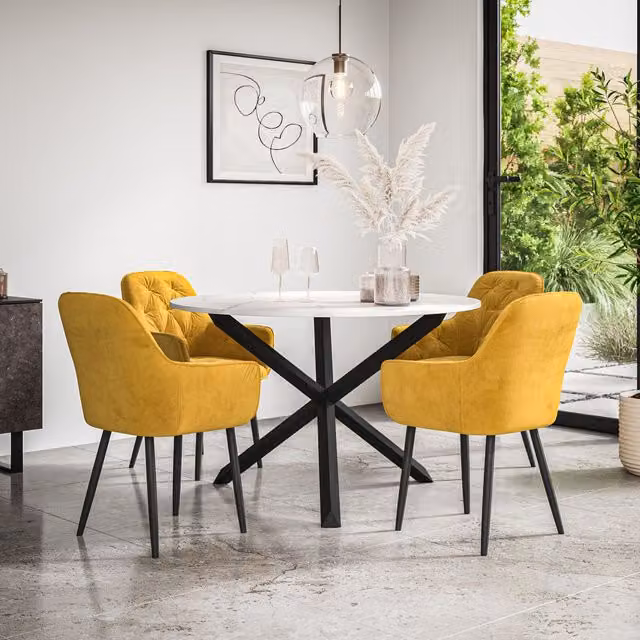 More4Homes Malvern Round Dining Table and Anika Velvet Dining Chair Set of 4, Oak and Black, Diameter: 120 cm, Height: 75 cm