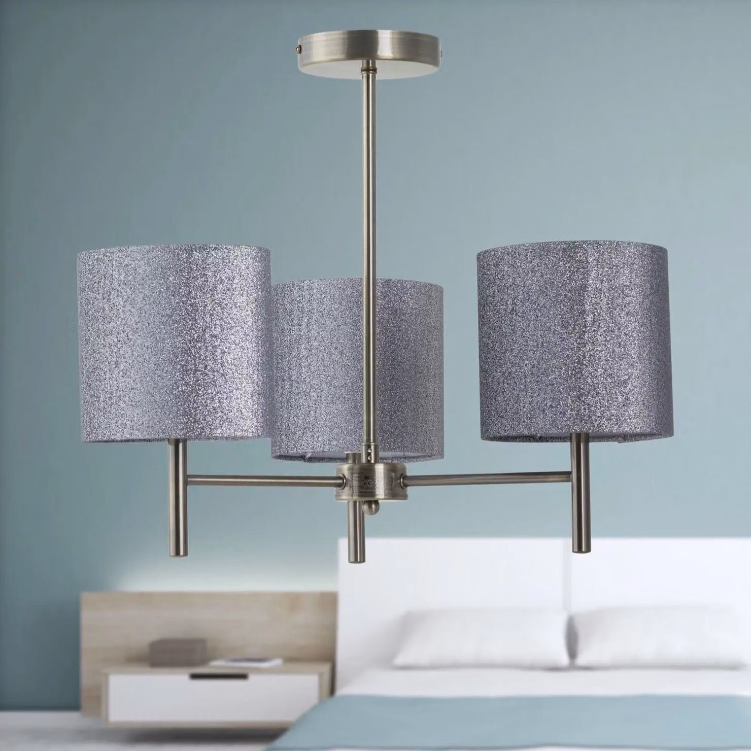 First Choice Lighting Brea Set of 2 Antique Brass Ceiling Light Fittings with Gold and Silver Glitter Fabric Cylinder Shades, W/D/H: 42.5 x 40.0 x 52.0 cm – 4