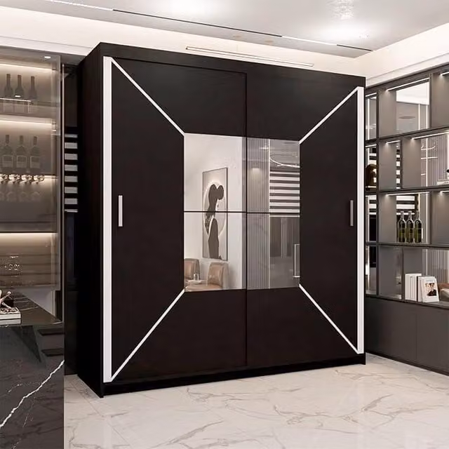 Sliding Wardrobes 4U Modern Double Sliding Wardrobe with LED Light, Black, W: 180 cm, H: 217 cm, D: 62 cm