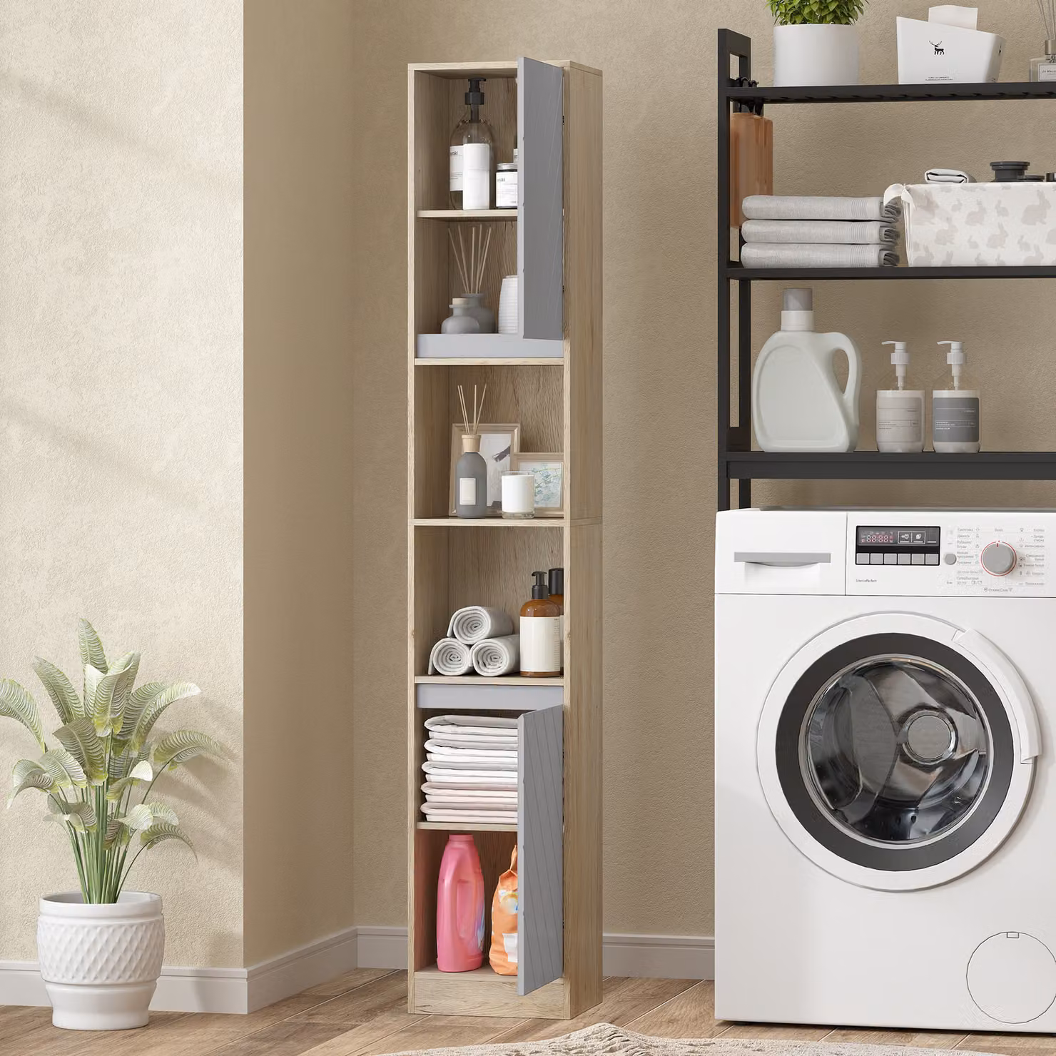 HOMCOM Tall Freestanding Bathroom Storage Cabinet with 2 Cupboards and 2 Compartments, Grey and Oak Brown, H: 170 cm, W: 30 cm, D: 40 cm – 4