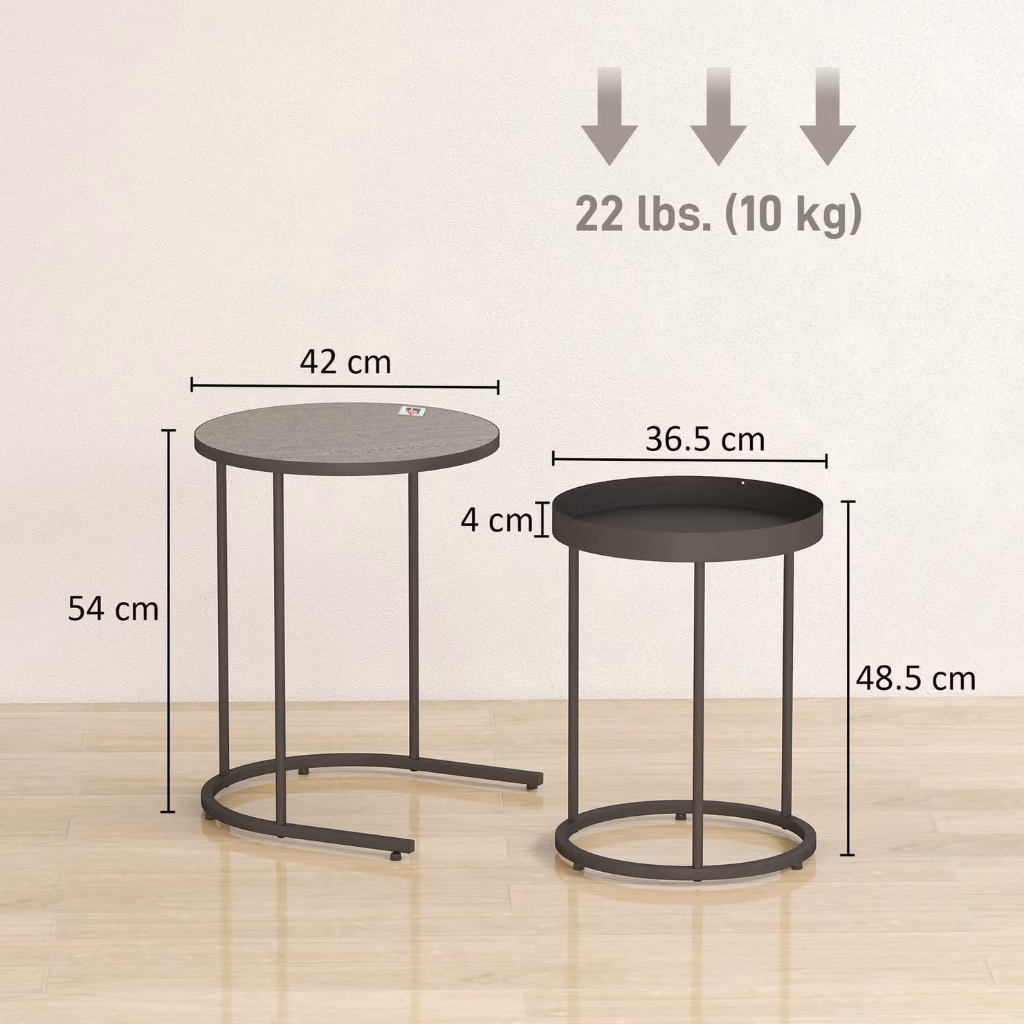 HOMCOM Set of 2 Round Nesting Side Tables in Grey with Industrial Metal Sled Base – 3