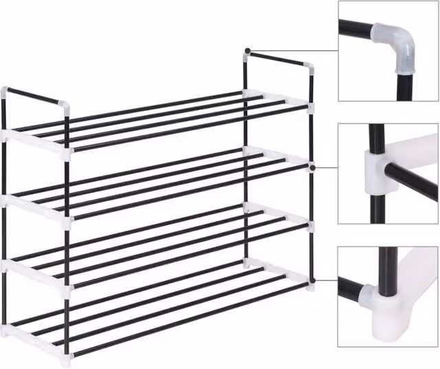 Berkfield Home 4-Shelf Freestanding Shoe Rack in Black Metal and Plastic, W/D/H: 74 x 29 x 29 cm – 1