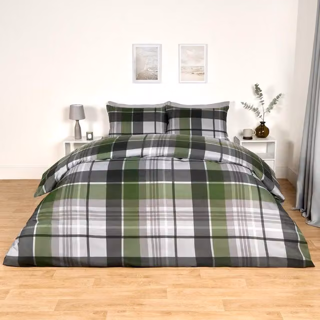 OHS Hamilton Checked Duvet Cover Set in Charcoal Grey and Green, W: 180 cm x L: 200 cm