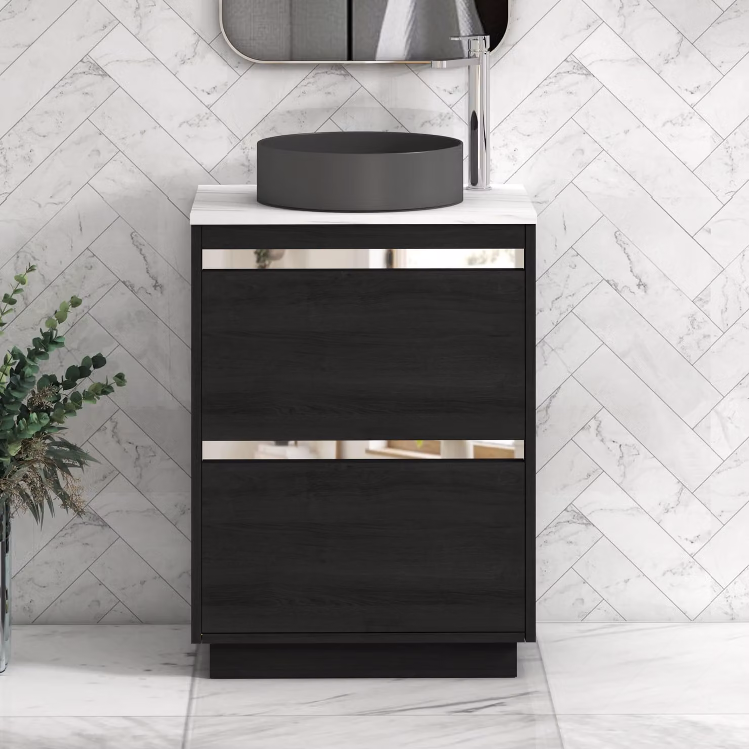 Royal Bathrooms Orion 600mm Hale Black Floor Standing Vanity Unit with Carrara White Countertop, 2 Drawers, Art Round Basin and Chrome Accent Trim