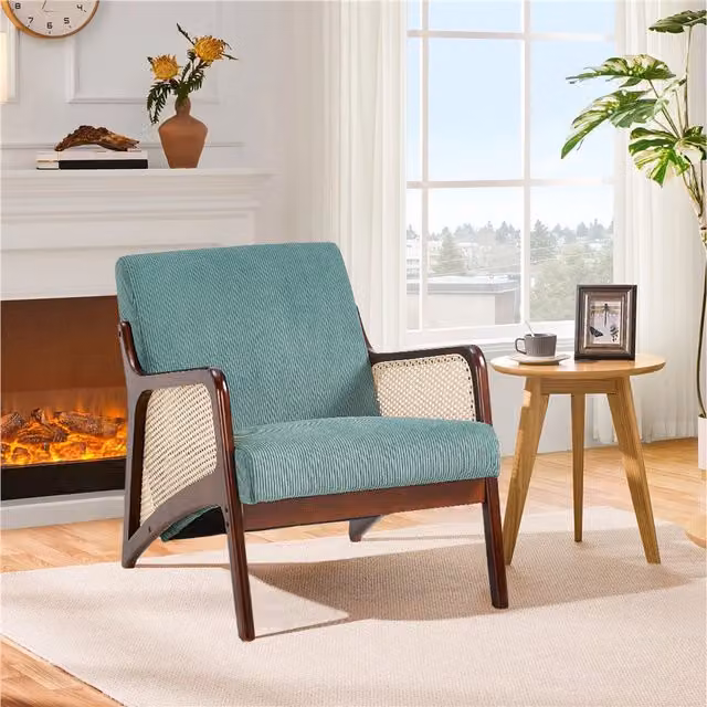 Livingandhome Mid-Century Corduroy Fabric Armchair with Rubberwood Armrests in Green