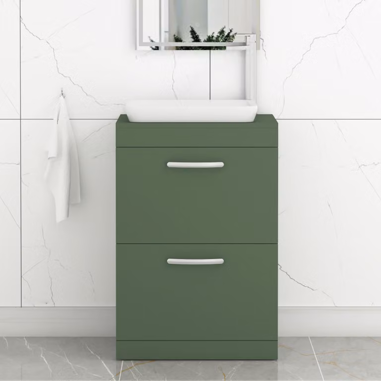 Royal Bathrooms Turin 500mm Floor Standing 2 Drawer Vanity Unit in Matt Green with Countertop Basin and Matt Black Handles